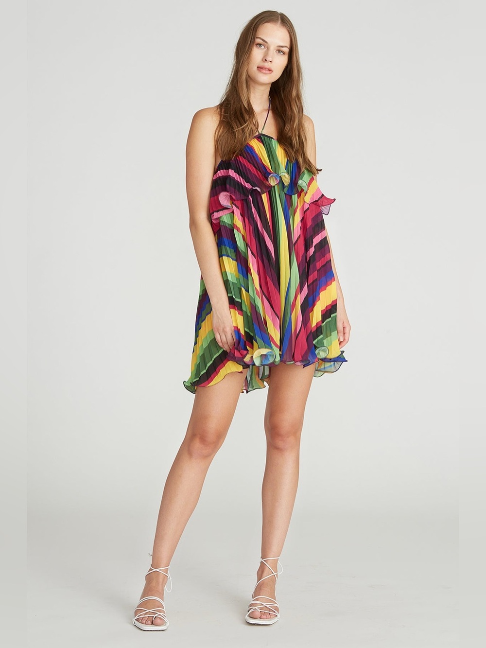 AMUR Sevyn Mini Halter Dress Vibrant Colorful Stripe Pleated Ruffle Size 4 - Picture 4 of 12